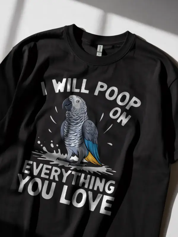 Black african grey parrot shirt – poop on everything tee