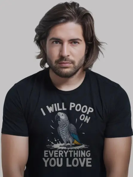 Black african grey parrot shirt – poop on everything teev