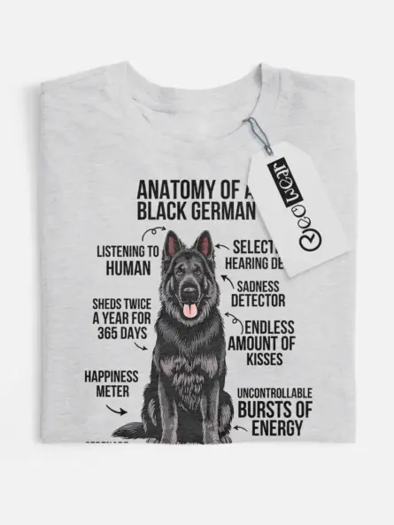 Black german shepherd shirt, funny dog lover tee, black shepherd infographic – sport grey