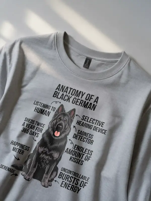 Black german shepherd shirt, funny dog lover tee, black shepherd infographic – sport grey