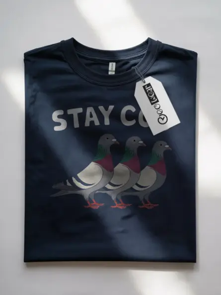 Stay coo pigeon shirt in navy – funny bird shirt, animal pun tee for men & women
