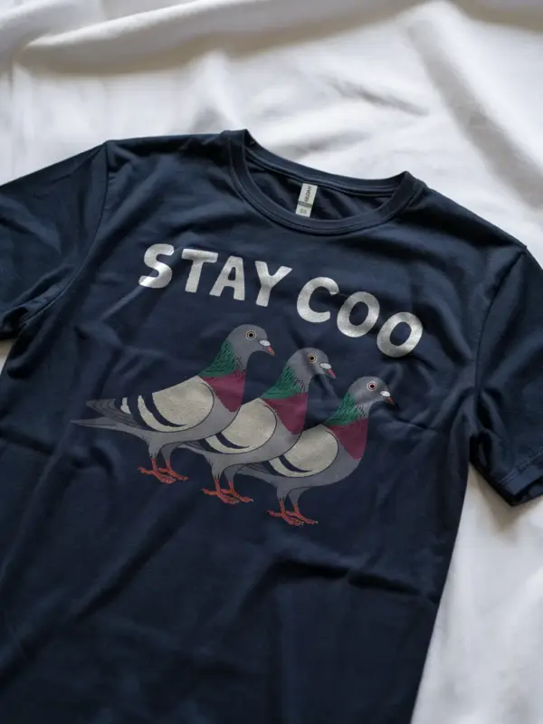 Stay coo pigeon shirt in navy – funny bird shirt, animal pun tee for men & women