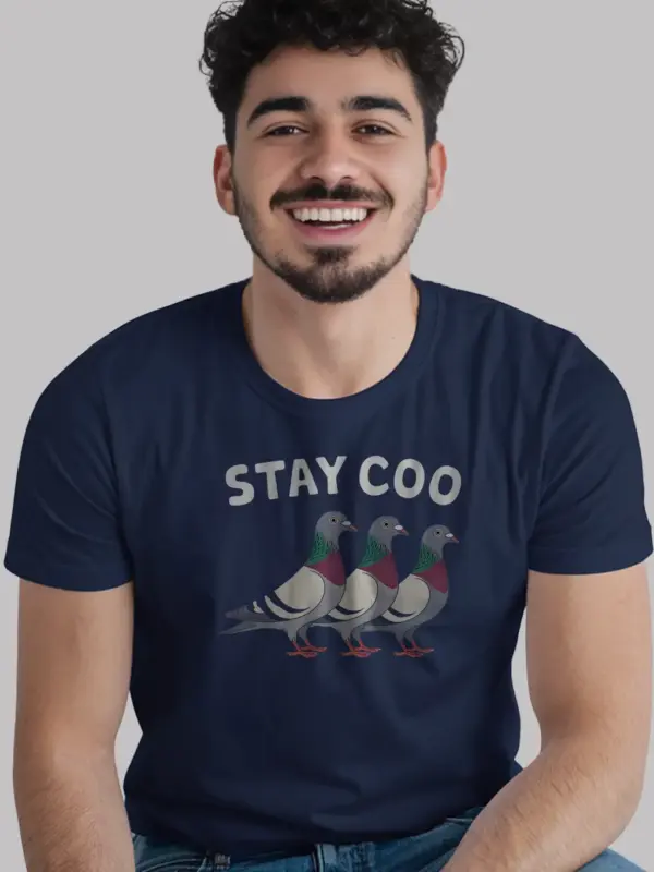 Stay coo pigeon shirt in navy – funny bird shirt, animal pun tee for men & women