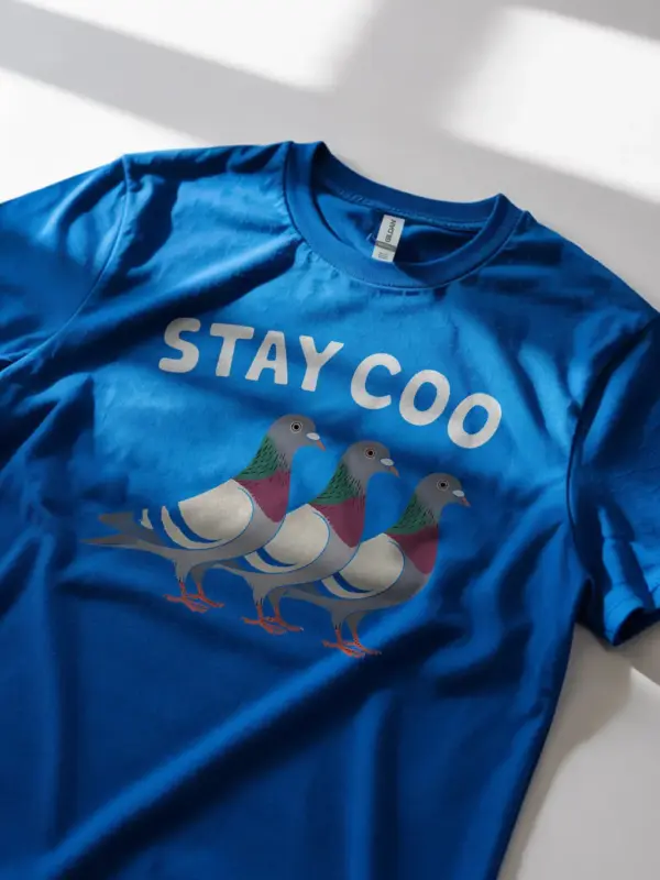 Royal blue pigeon shirt – stay coo graphic tee, dove tshirt for urban bird lovers