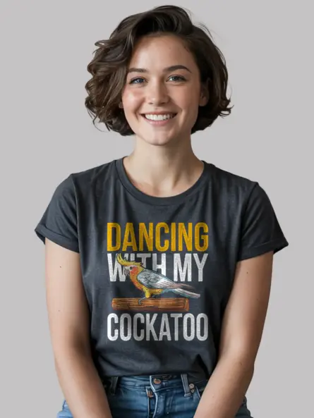 Alt text: sulphur-crested cockatoo shirt, bird lover gift, dark heather funny parrot tee, cockatoo dad shirt