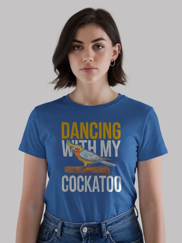 Alt text: sulphur-crested cockatoo shirt, cute greater cockatoo t-shirt, royal blue parrot lover shirt