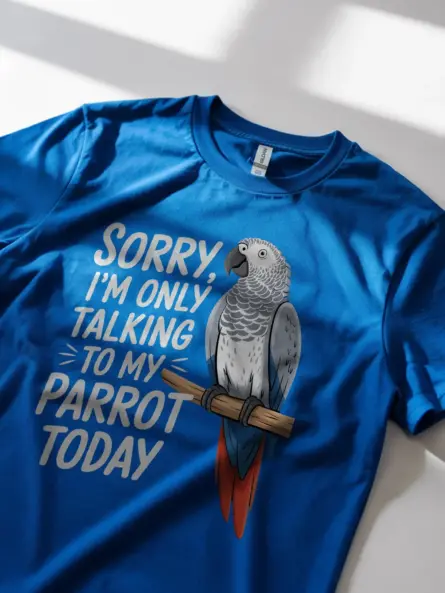 Royal Blue African Grey Shirt – Talking to My Parrot Today Design, Pet Bird Tee