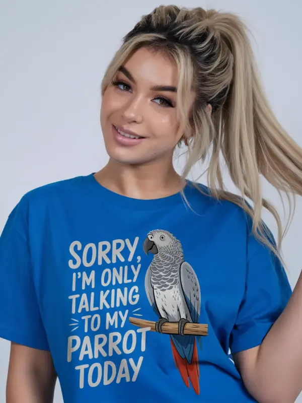 Royal blue african grey shirt – talking to my parrot today design, pet bird tee