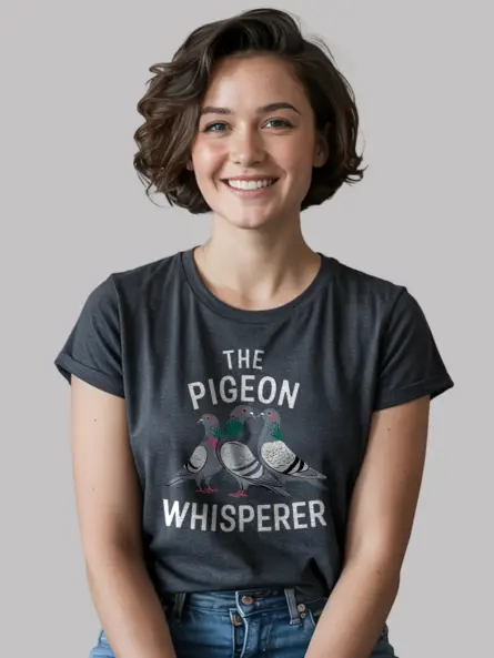 Dark heather pigeon whisperer tee – wild feral pigeon shirt, animal pun t-shirt