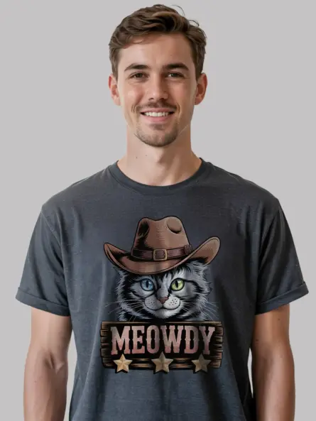 Dark heather turkish angora meowdy shirt – cute cowboy cat t-shirt