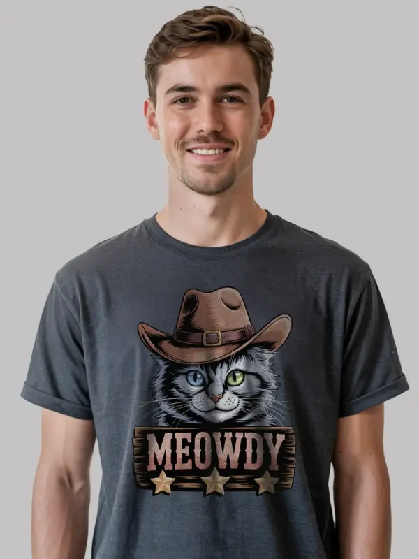 Dark heather turkish angora meowdy shirt – cute cowboy cat t-shirt