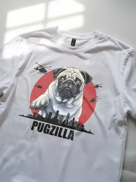 Pugzilla t-shirt in white with giant pug dog and helicopters