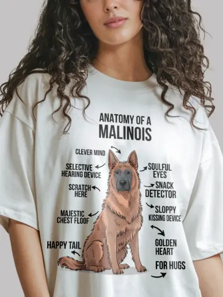 White malinois dog shirt with anatomy diagram and funny labels
