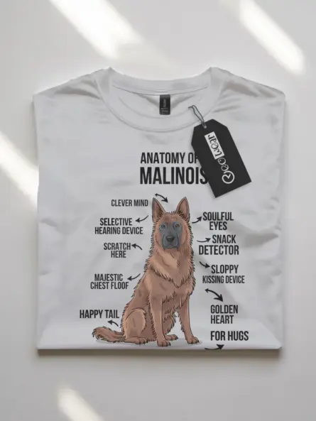 White malinois dog shirt with anatomy diagram and funny labels