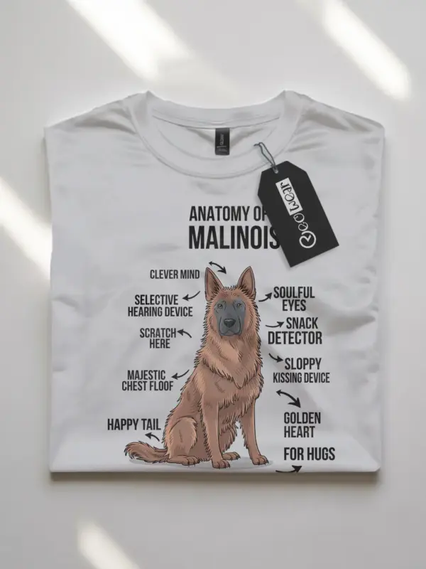 White malinois dog shirt with anatomy diagram and funny labels