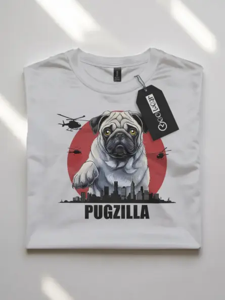 Pugzilla t-shirt in white with giant pug dog and helicopters
