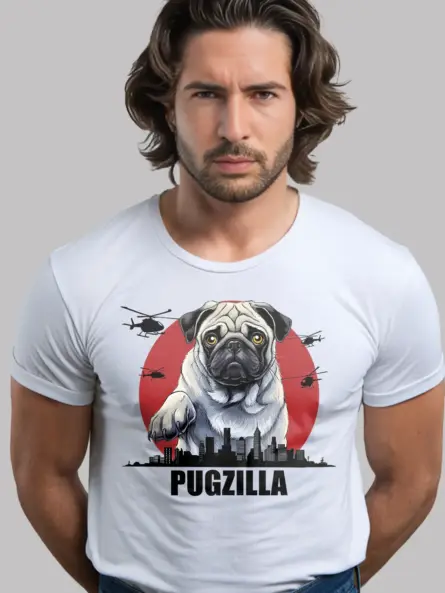 Pugzilla t-shirt in white with giant pug dog and helicopters
