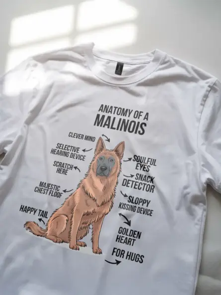 White malinois dog shirt with anatomy diagram and funny labels