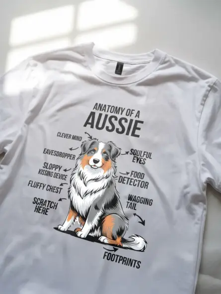 White aussie dog shirt with funny anatomical labels