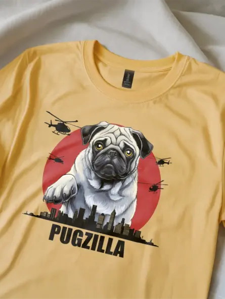 Funny yellow Pugzilla shirt featuring giant pug illustration
