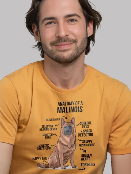 Yellow dog humor shirt featuring belgian malinois diagram