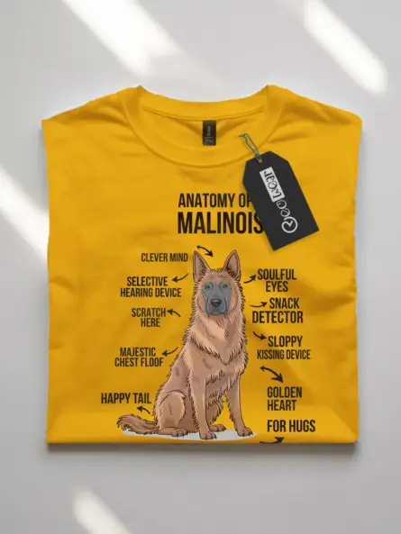 Yellow dog humor shirt featuring belgian malinois diagram