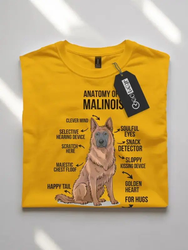 Yellow dog humor shirt featuring belgian malinois diagram
