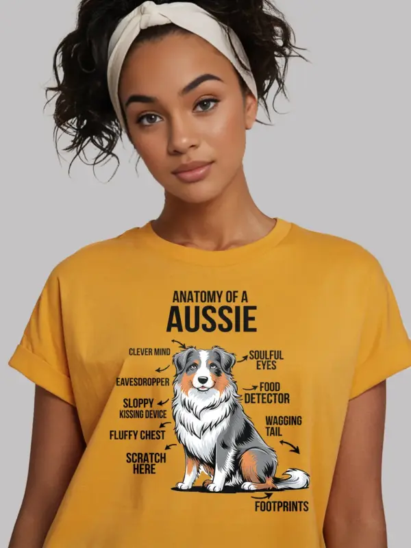Yellow shirt with infographic-style aussie dog illustration