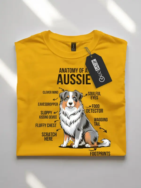 Yellow shirt with infographic-style aussie dog illustration
