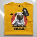Funny yellow pugzilla shirt featuring giant pug illustration