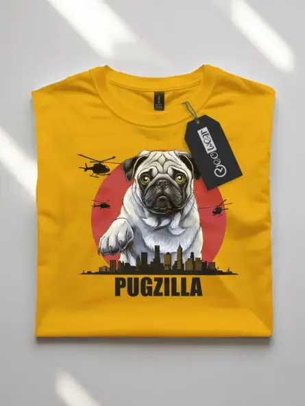 Funny yellow Pugzilla shirt featuring giant pug illustration