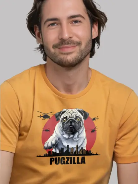 Funny yellow pugzilla shirt featuring giant pug illustration