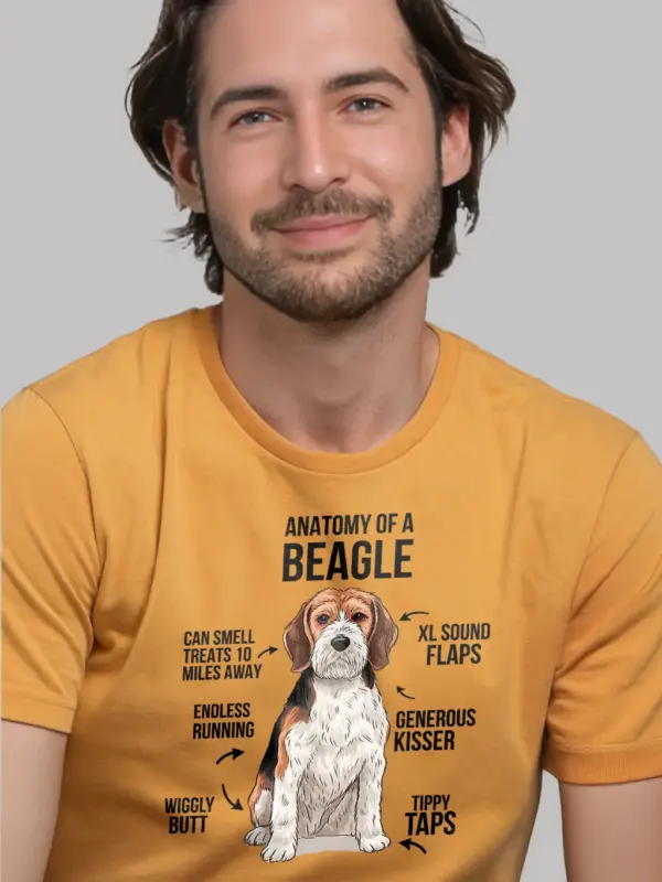 Yellow cartoon-style beagle dog anatomy tee