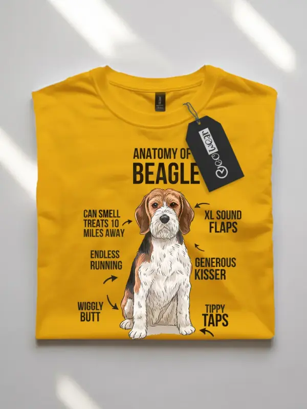 Yellow cartoon-style beagle dog anatomy tee