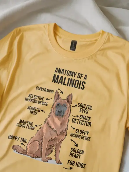 Yellow dog humor shirt featuring belgian malinois diagram