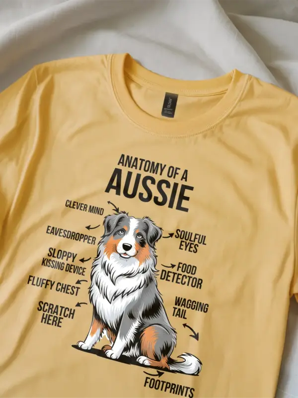 Yellow shirt with infographic-style aussie dog illustration