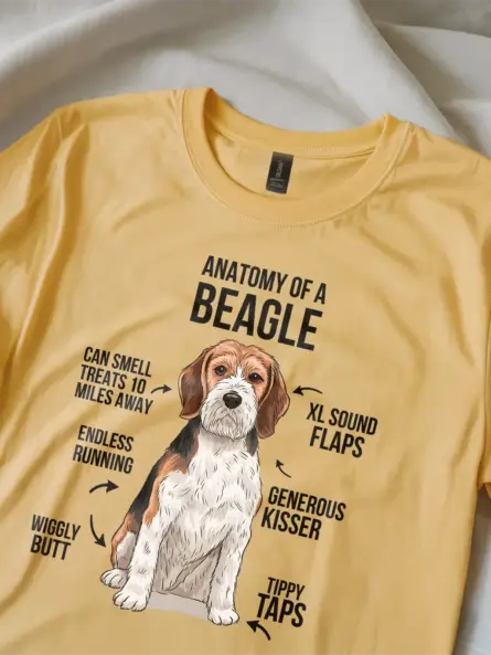 Yellow cartoon-style beagle dog anatomy tee