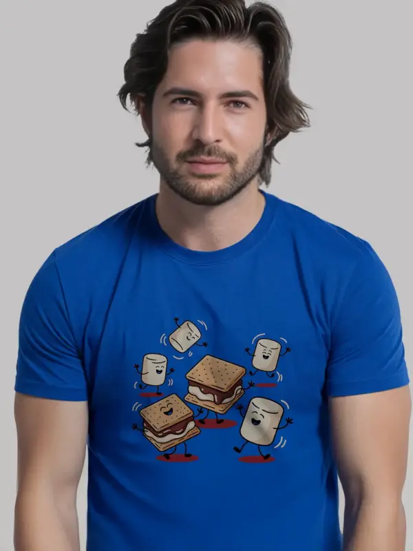 Royal blue of how s’mores are made t-shirt – illustrated marshmallow and chocolate graphic tee
