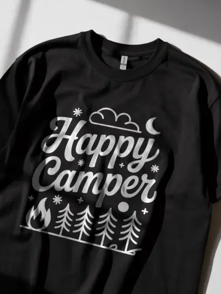 Black happy camper t shirt back view with outdoor theme