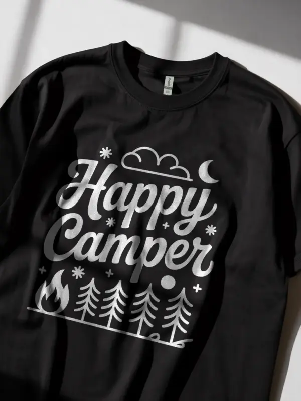 Black happy camper t shirt back view with outdoor theme