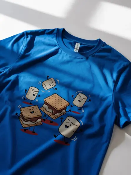Royal blue lifestyle image of how s’mores are made t-shirt – campfire snack tee for hikers and nature fans