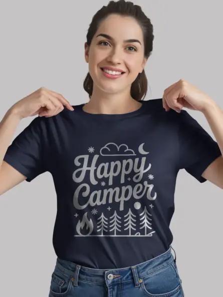Navy minimalist happy camper t shirt with clean outdoor elements