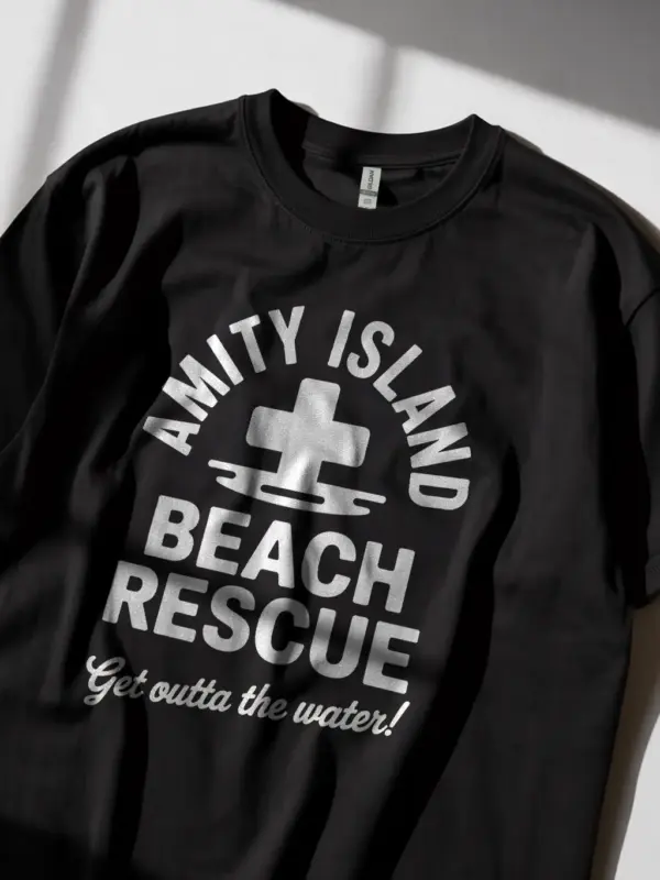Black Amity Island Beach Rescue vintage t-shirt with retro medical cross logo and jaws inspired design