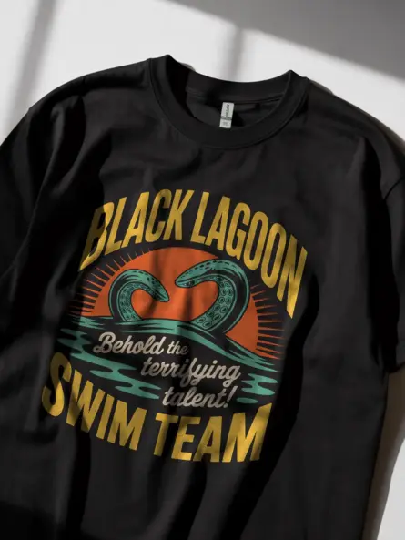 Black Retro Black Lagoon Swim Team T-Shirt front view