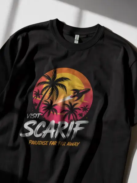 Black Retro Sci Fi Travel Poster T-Shirt front view