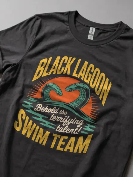 Dark Heather Retro Black Lagoon Swim Team T-Shirt front view