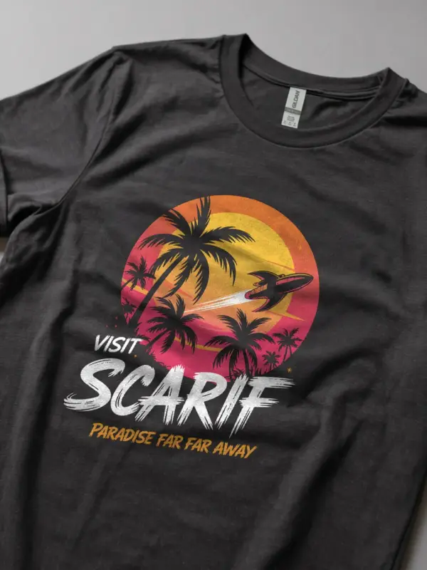 Dark Heather Retro Sci Fi Travel Poster T-Shirt front view