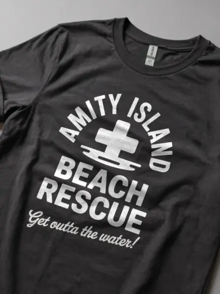 Dark heather funny lifeguard parody t-shirt amity island with classic beach rescue styling