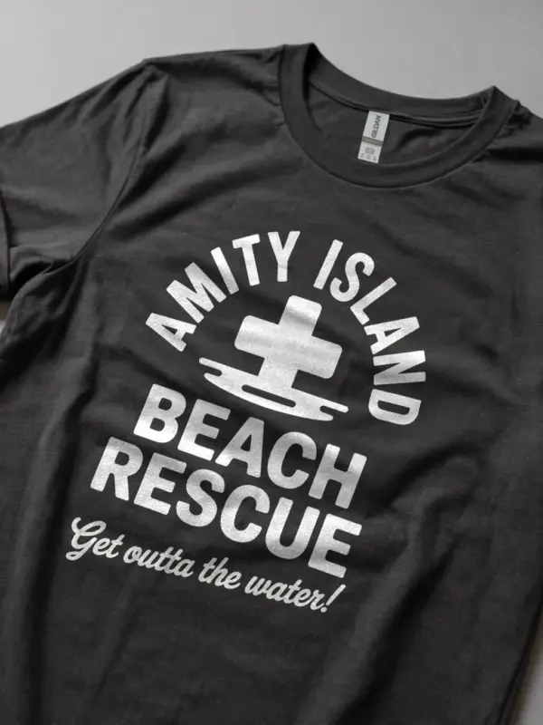 Dark heather funny lifeguard parody t-shirt amity island with classic beach rescue styling