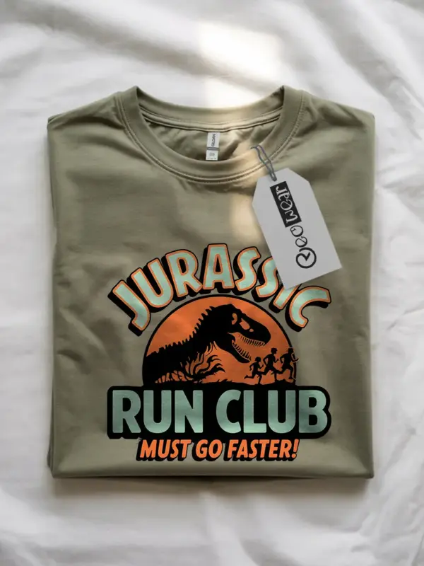 Military green Retro Jurassic Run Club T-Shirt front view